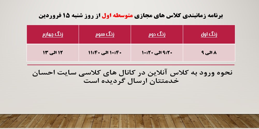 ساعت برگزاری کلاس های مجازی از